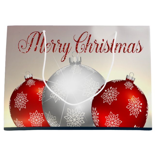 White Red Christmas Balls Snowflakes Large Gift Bag (Front)