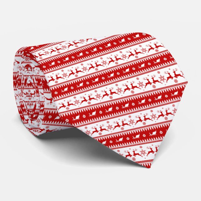 White & Red Christmas Deer and Sleigh Pattern Tie (Rolled)