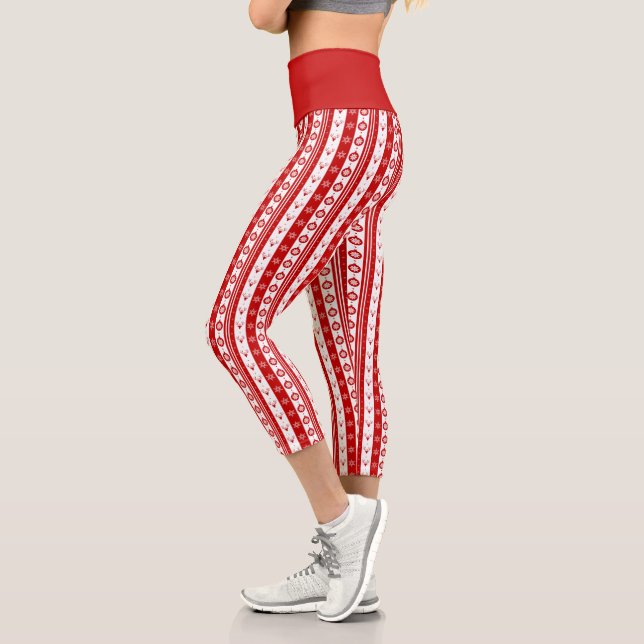 White & Red Christmas Deer and Snowflakes High Capri Leggings (Left)