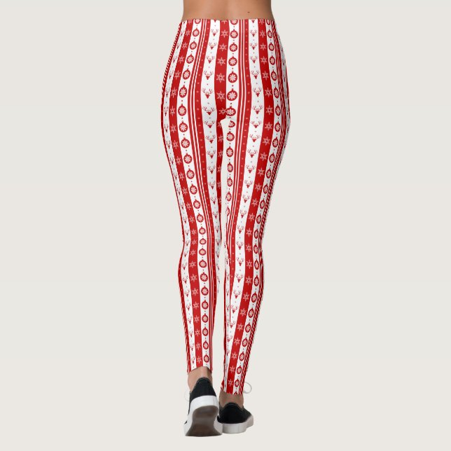 White & Red Christmas Deer and Snowflakes Long Leggings (Back)