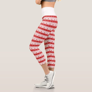 White & Red Christmas Deer Heads Pattern Capri Leggings