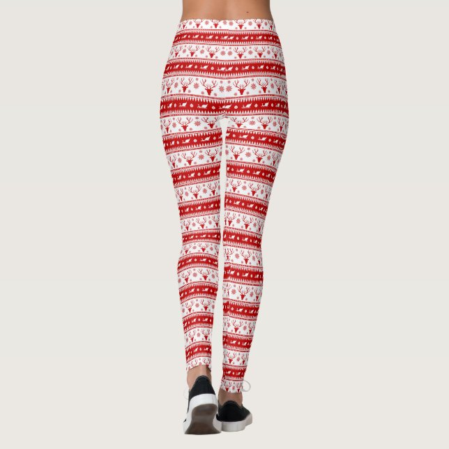 White & Red Christmas Deer Heads Pattern Leggings (Back)
