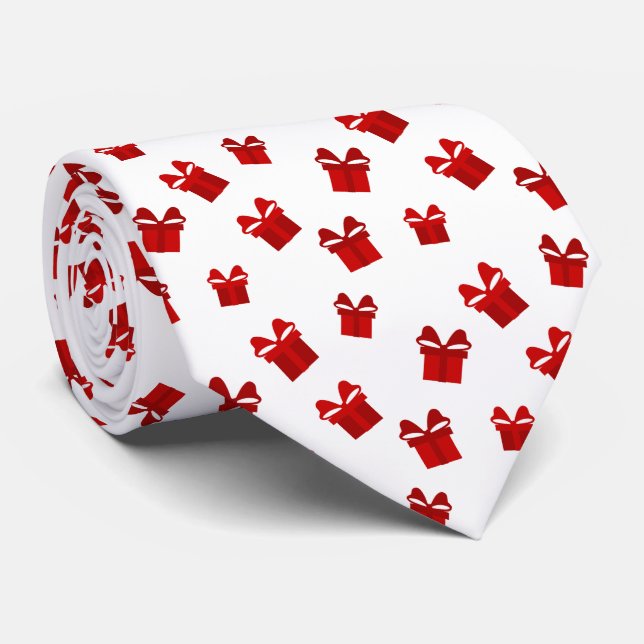 White & Red Christmas Gift Boxes Pattern Tie (Rolled)
