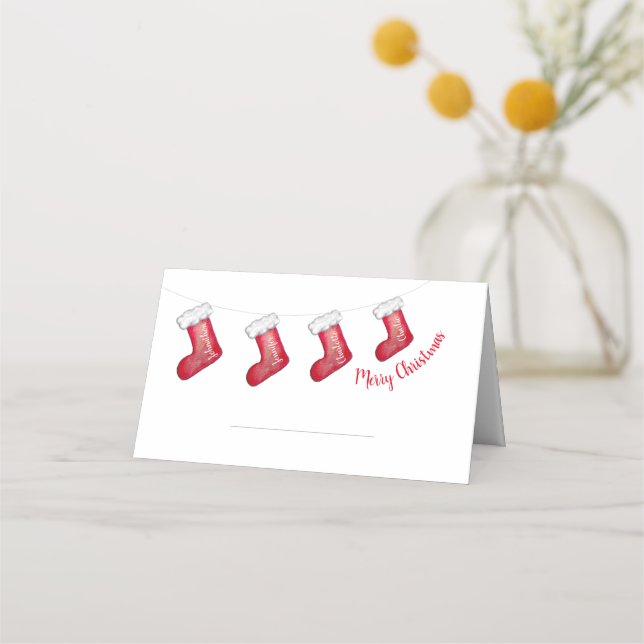White & red Christmas personalised family stocking Place Card (Front)