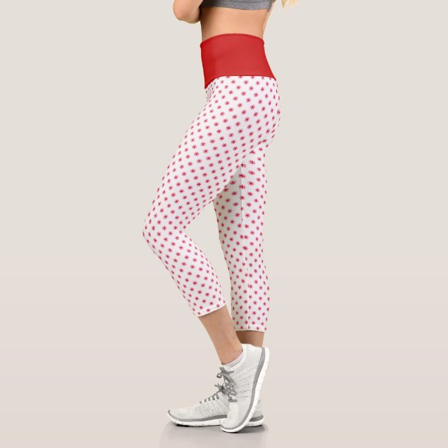 White & Red Christmas Stars Pattern High Capri Leggings (Left)