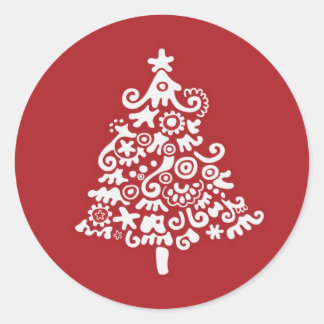 White & Red Christmas Tree Classic Round Sticker