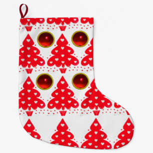 WHITE RED CHRISTMAS TREE WITH HEARTS LARGE CHRISTMAS STOCKING