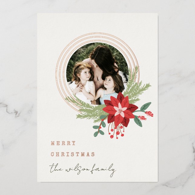 White Red Circle Photo Poinsettia Merry Christmas Foil Holiday Card (Front)