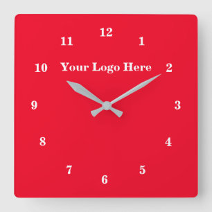 White Red - Customisable - Add Your Logo / Text Square Wall Clock