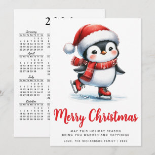 White Red Cute Ice Skating Penguin Merry Christmas Holiday Card