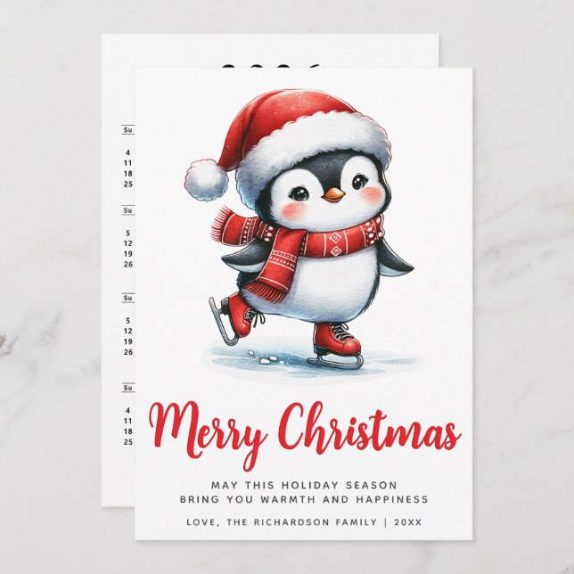 White Red Cute Ice Skating Penguin Merry Christmas Holiday Card (Front/Back)
