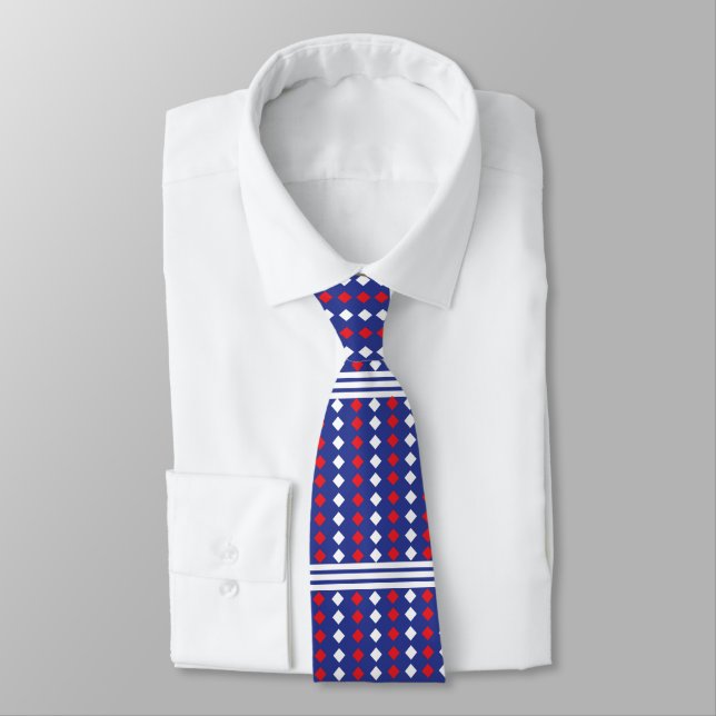 White Red Diamond Striped Tie (Tied)