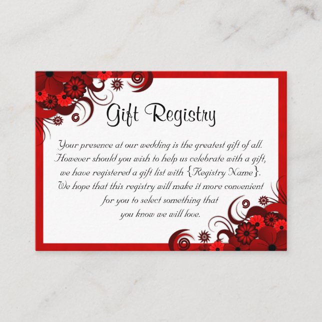 White Red Floral Mini Wedding Gift Registry Enclosure Card (Front)