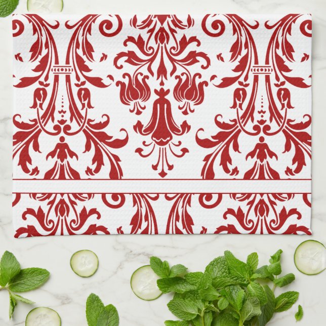 White Red Floral Swirls Damask Monogram Tea Towel (Folded)