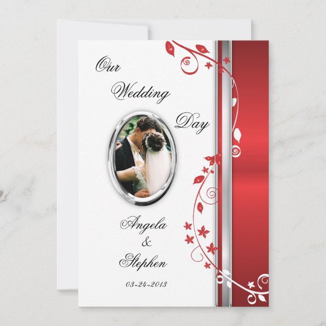 White & Red Floral Wedding Photo Invitations (Front)