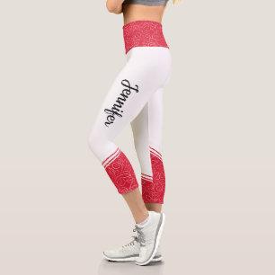 White & red floral white stripes and name modern capri leggings