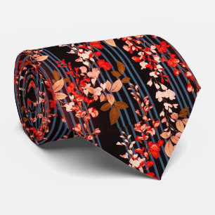 WHITE RED FLOWERS, BLUE BLACK STRIPES Floral  Tie