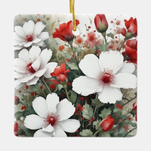 White & Red Flowers Elegant Watercolor Ceramic Ornament (Front)