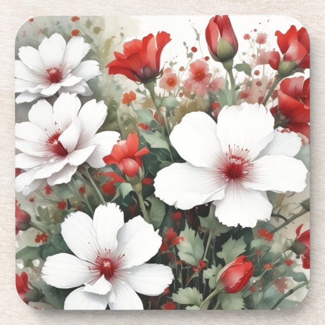 White & Red Flowers Elegant Watercolor Coaster (Front)