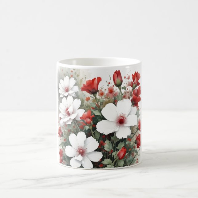 White & Red Flowers Elegant Watercolor Coffee Mug (Center)