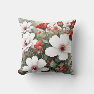 White & Red Flowers Elegant Watercolor Cushion