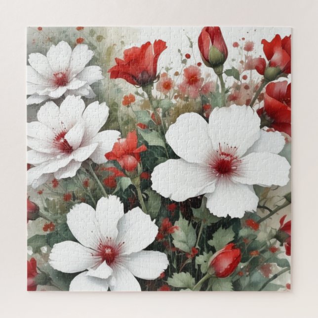 White & Red Flowers Elegant Watercolor Jigsaw Puzzle (Vertical)