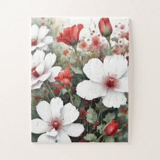 White & Red Flowers Elegant Watercolor Jigsaw Puzzle