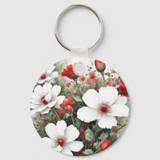 White & Red Flowers Elegant Watercolor Key Ring