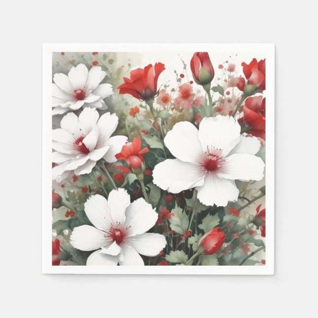 White & Red Flowers Elegant Watercolor Napkin (Front)