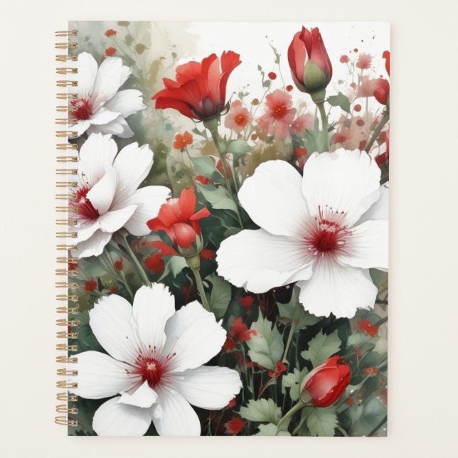 White & Red Flowers Elegant Watercolor Planner (Front)