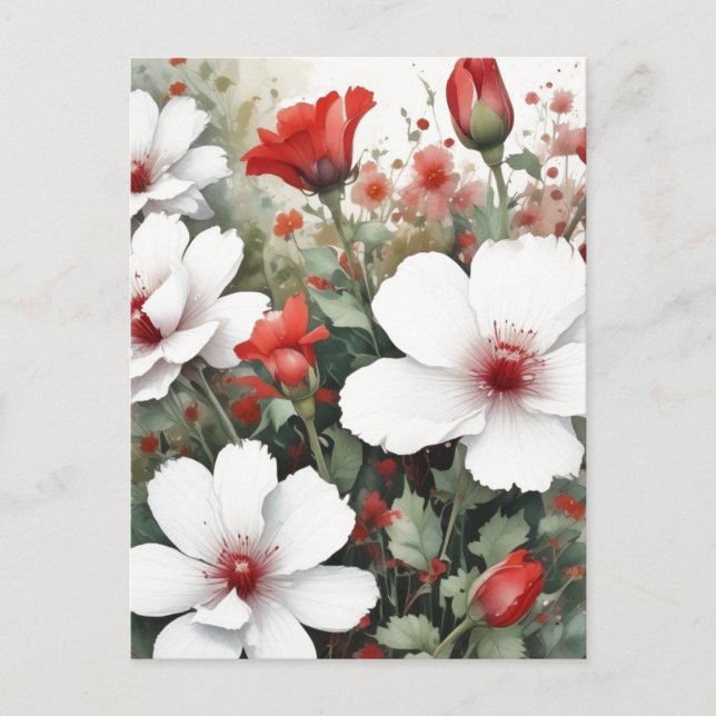 White & Red Flowers Elegant Watercolor Postcard (Front)