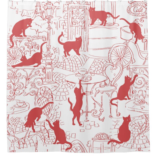 White Red French Cat Paris Cafe Shower Curtain (Front)