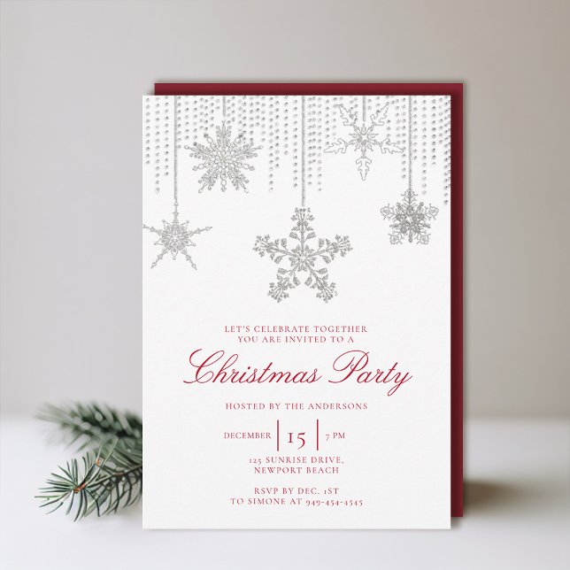 White Red Glitter Drip Sparkle Snowflake Christmas Invitation (christmas party invitation elegant snowflakes sparkles minimalist modern red white black glitter)