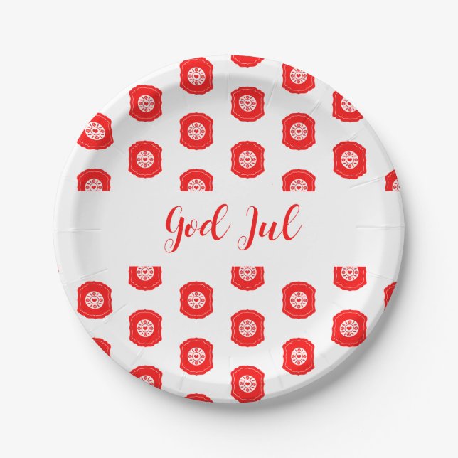 White Red God Jul Merry Christmas Pattern  Paper Plate (Front)