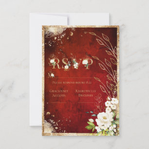 White Red Gold Botanical Floral Rustic  RSVP Card