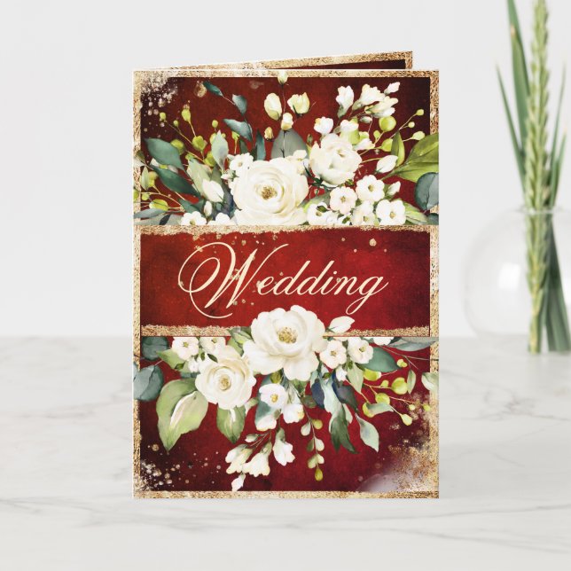 White Red Gold Botanical Floral Rustic Wedding Invitation (Front)