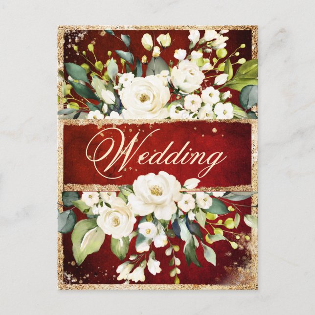 White Red Gold Botaniical Floral Rustic Wedding Invitation Postcard (Front)