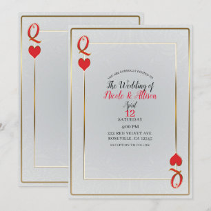 White & Red Gold Queen of Hearts Elegant Wedding Invitation