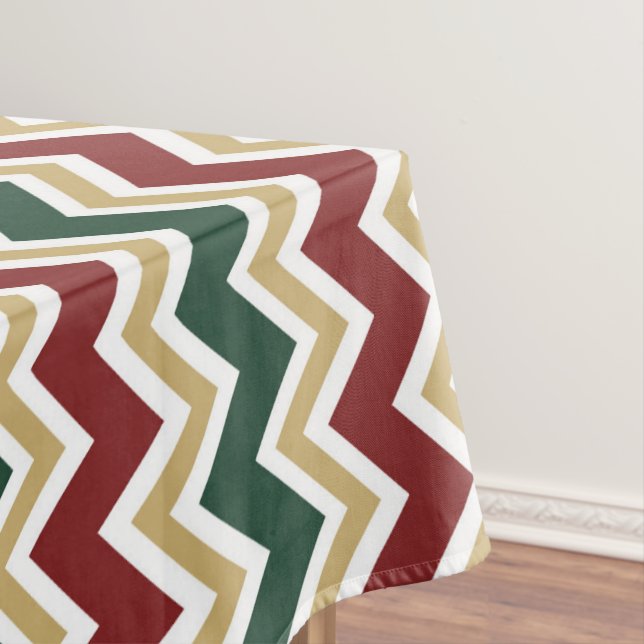 White Red Green Beige Chevron Pattern Tablecloth (In Situ)