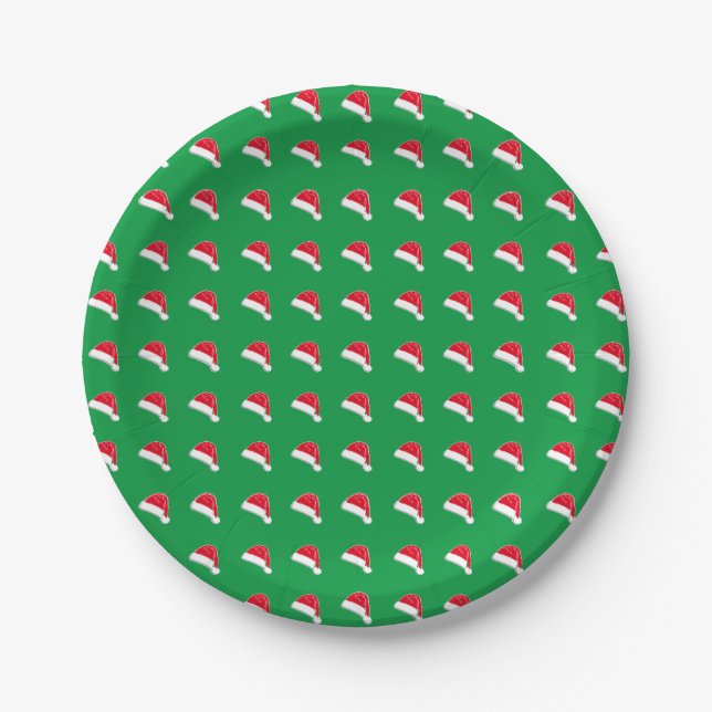 white red green cute Santa Hat pattern Christmas Paper Plate (Front)