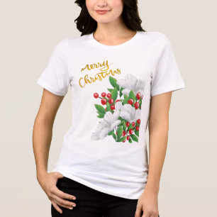 White Red Green Floral Gold Merry Christmas Tri-Blend Shirt