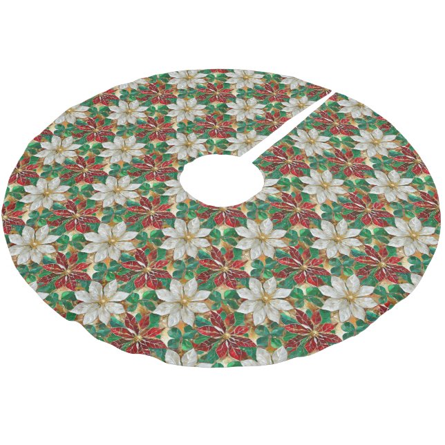 White Red Green Gold Poinsettia Brushed Polyester Tree Skirt (Angled)