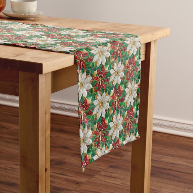 White Red Green Gold Poinsettia Medium Table Runner (In Situ)