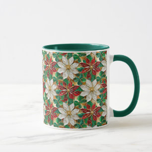 White Red Green Gold Poinsettia Mug
