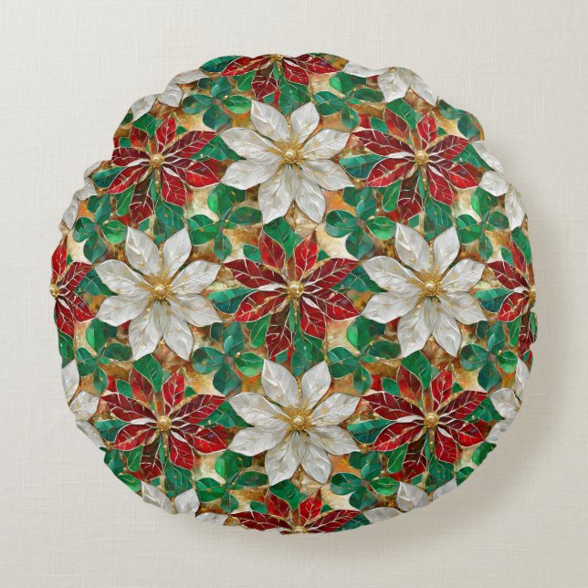 White Red Green Gold Poinsettia Round Cushion (Front)