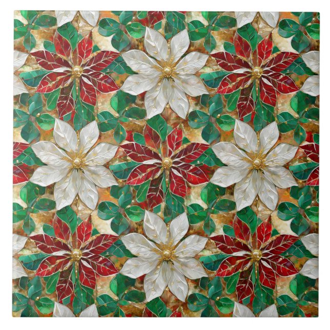 White Red Green Gold Poinsettia Tile (Front)