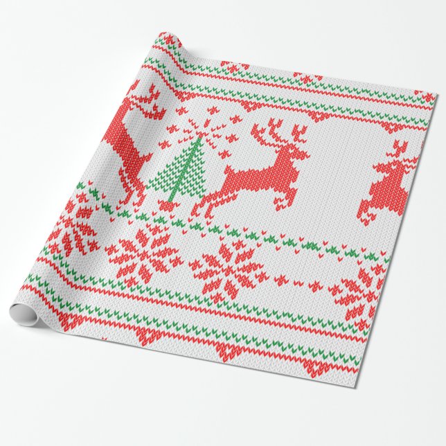 White Red Green Knit Christmas Sweater Style Wrapping Paper (Unrolled)