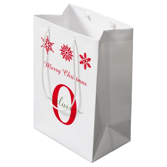 White Red Green Monogram Script Merry Christmas Medium Gift Bag (Back Angled)