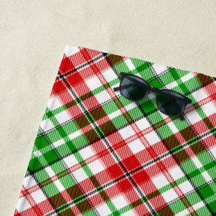 White Red Green Plaid Tartan Design Beach Towel
