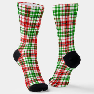 White Red Green Plaid Tartan Design Socks